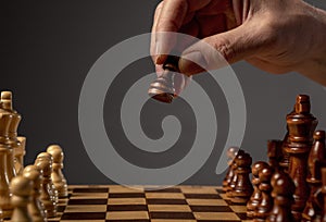 Male hand moving pawn on chess board, starting game. Making business decision concept