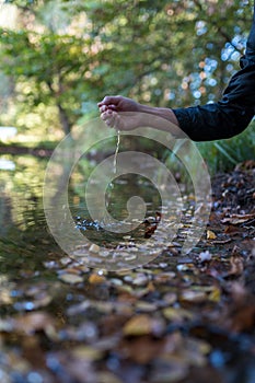Male hand in a natural lake with autumn leaves. With motion blur.
