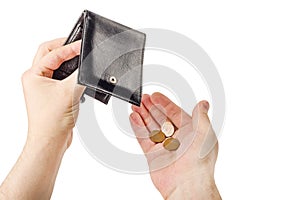 Male hand opening a wallet and count coins money isolated on white background. World economic crisis. Financial problem jobless