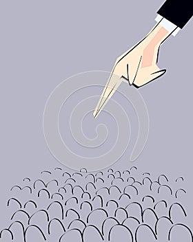 Male hand pointing from above with finger directed to crowd. Vector illustration.