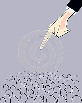 Male hand pointing from above with finger directed to crowd. Vector illustration. photo