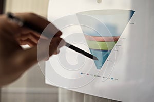 Male hand pointing at a coloured funnel chart printed on a white sheet of paper during a business meeting