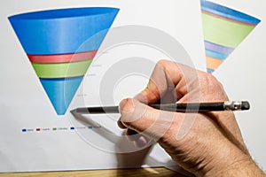 Male hand pointing at a coloured funnel chart printed on a white sheet of paper during a business meeting