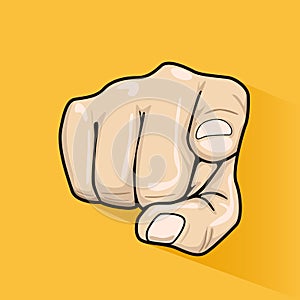 Male hand pointing finger at you over yellow background