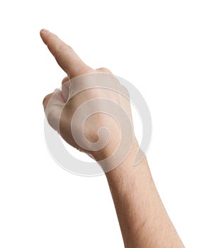 Male hand pointing, touching or pressing on white