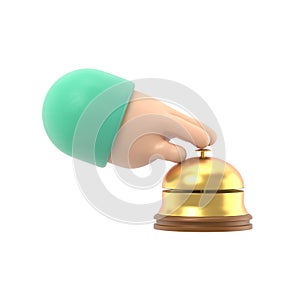 Male hand pressing service bell. Service bell,flat design style. 3d illustration. Customer at reception presses the call button
