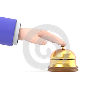 Male hand pressing service bell. Service bell,flat design style. 3d illustration. Customer at reception presses the call button.
