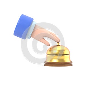 Male hand pressing service bell. Service bell,flat design style. 3d illustration. Customer at reception presses the call button.