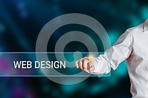 Male hand pressing the word web design on a virtual search display bar. Internet technology web design