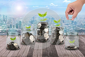 Male hand putting money coins in clear bottle and little tree on