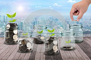 Male hand putting money coins in clear bottle and little tree on