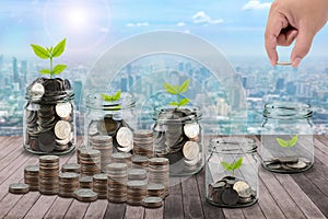 Male hand putting money coins in clear bottle and little tree on