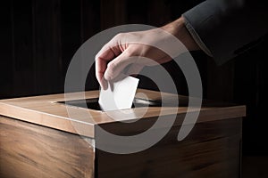 Male hand putting voting card into the ballot box on dark wooden background. Generative AI