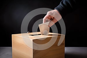 Male hand putting voting card into the ballot box on dark wooden background. Generative AI