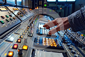 A male hand is reaching for a control on a complex control room station