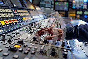 A male hand is reaching for a control on a complex control room station