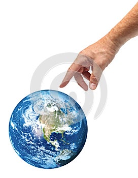 Male hand reaching to touch blue planet Earth