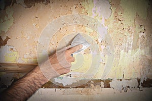 Male hand removing old wallpaper from the wall