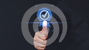 Male hand show the warranty identity proof icon for security protection system on virtual screen