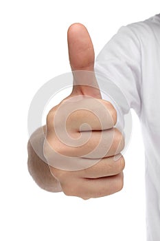 Male hand sign with thumb up.