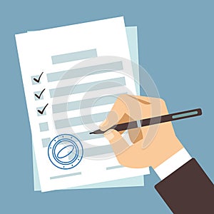 Male hand signing document, man writing on paper contract, filling tax form vector illustration photo