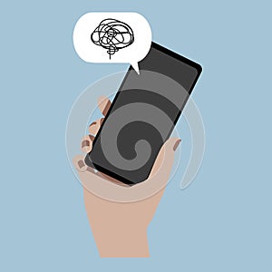 Male hand with smartphone and speech bubble. Fault message. Phone problems. Broken phone. Colored illustration on blue background.