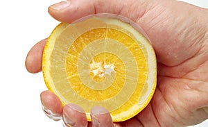 Male hand squeezing an orange