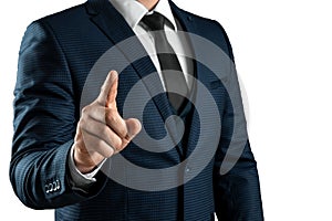 Male hand in suit shows index finger gesture on gray background. Navigator concept, head, close-up