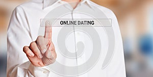 Male hand touches an internet search bar on a virtual screen and searches the web for online dating