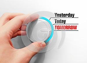 Male hand turns the switch. Switches days. Chose the Tomorrow