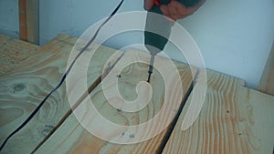 Male hand twist the into a wooden Board using a power screwdriver