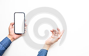 male hand using smartphone with blank screen on color background.technology