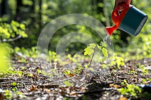 Male hand watering a young plant in the middle of forested area photo