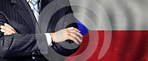 Male hands against Czech flag background, business, politics and education in Czech concept