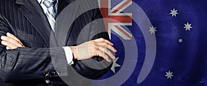 Male hands against flag background, business and politics concept