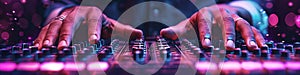 male hands of black DJ mixes music on a DJ console mixer at a nightclub in night party