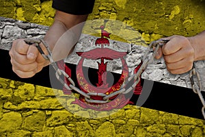 Male hands break the iron chain, a symbol of bondage,protest against the background of the national flag Brunei, the concept of