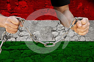 Male hands breaking the iron chain, symbol of bondage, protest against the background of the state flag of Hungary, the concept of