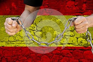 Male hands breaking the iron chain, symbol of bondage, protest against the background of the state flag of Spain, the concept of