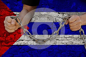 Male hands breaking the iron chain, symbol of tyranny, protest against the background of the national flag of Cuba, the concept of