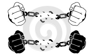 Male hands breaking steel handcuffs. Black and