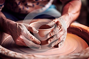 Male hands of a ceramist while working at a pottery wheel. A potter makes a cup on a potter& x27;s wheel. photo