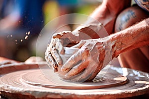 Male hands of a ceramist while working at a pottery wheel. A potter makes a cup on a potter's wheel. photo