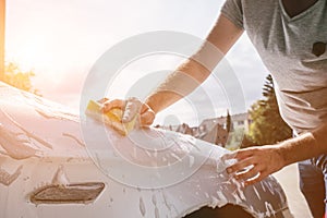 Male hands cleaning vehicles bonnet with sponge.