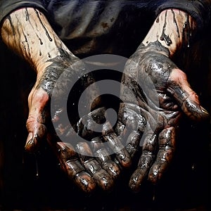 Male hands covered in oil, oil completely covers the mechanic& x27;s arm and drips down.