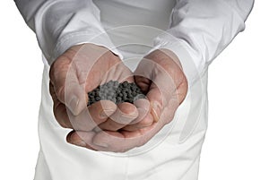 Male Hands Cupped Open w black dirt soil pebbles