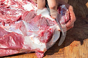 male hands cut, cut meat raw meat