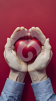Male hands delicately holding red heart, created for Valentines Day