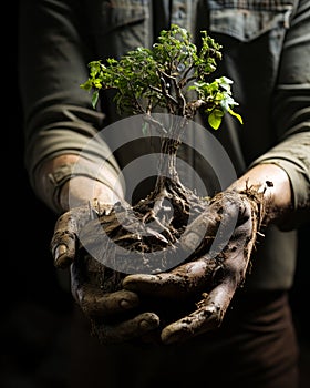 Male hands dirtied with ground hold a young tree with roots. Gardener replanting the tree close up. Generative AI