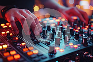 male hands of DJ mixes music on a DJ console mixer at a nightclub in night party